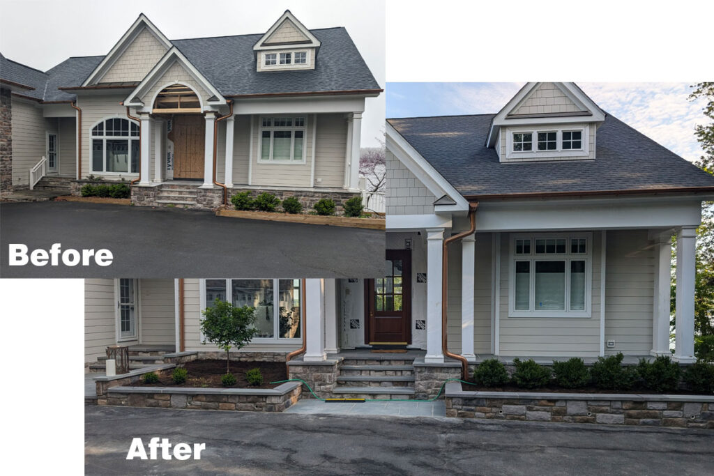 A before and after photo of a Lake Anna landscape project showing the difference between 1" PA flagstone and 2"