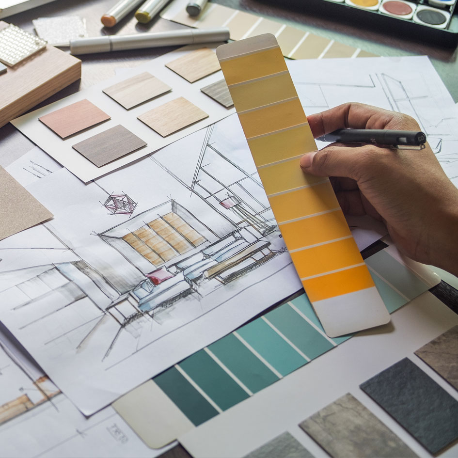 rendering and color swatches in an interior design studio