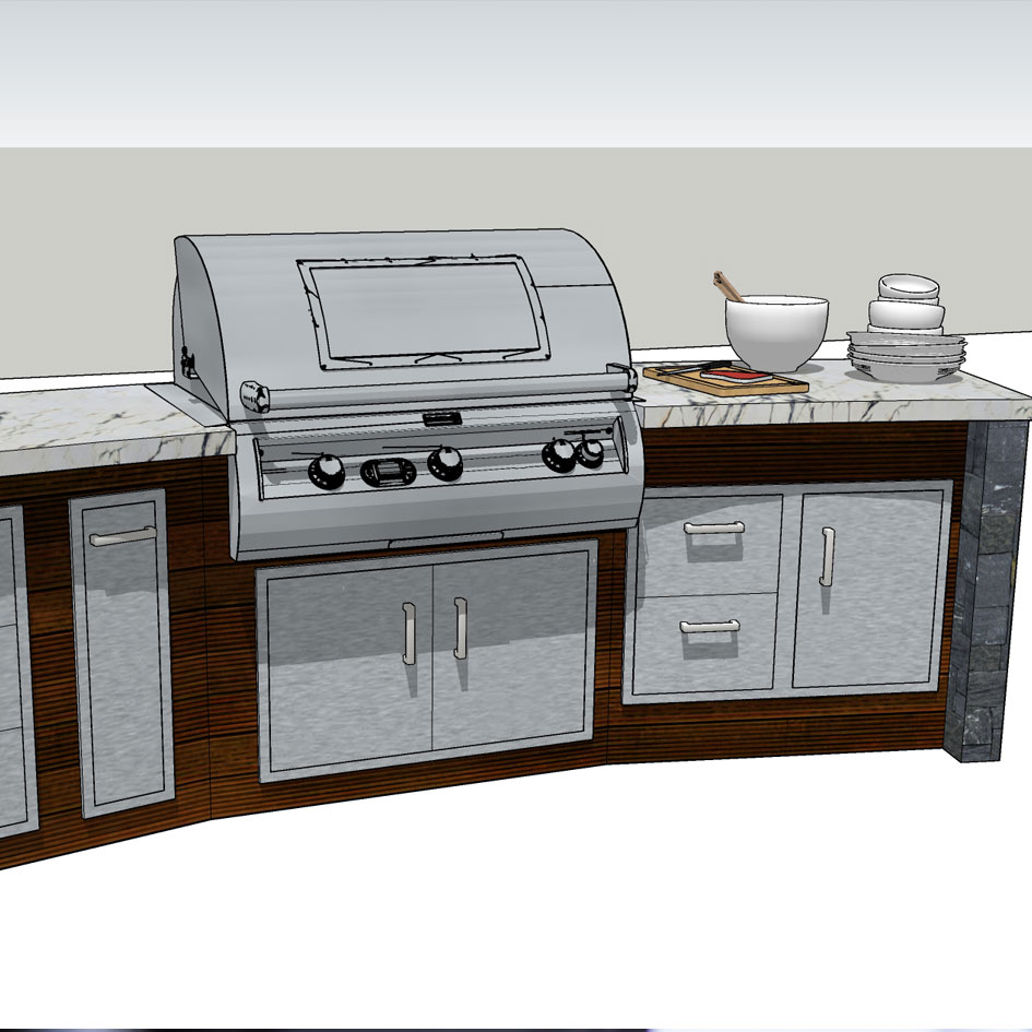 3D rendering of a curved BBQ island